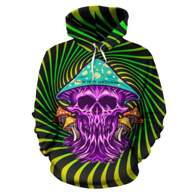 Psychedelic green & yellow design with mushroom and crazy skull one Pullover Hoodie