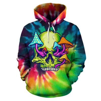 Rave Tie Dye design with mushroom and crazy skull Three Pullover Hoodie