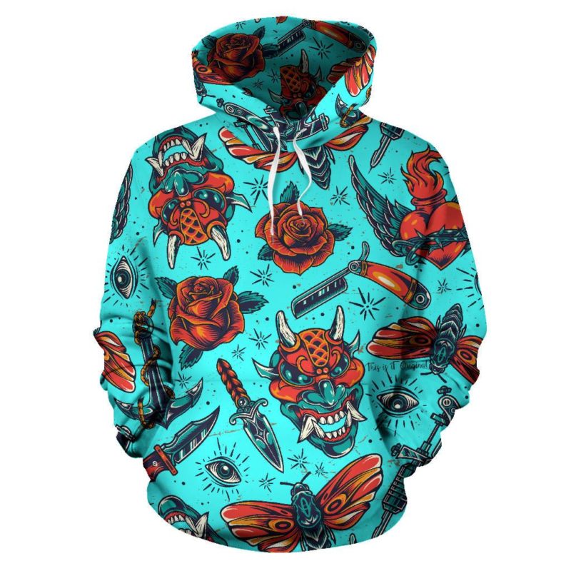 Light Blue Design Tattoo Studio & Roses Pullover Hoodie