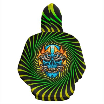 Psychedelic green & yellow design with mushroom and crazy skull three Pullover Hoodie