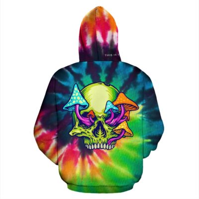 Rave Tie Dye design with mushroom and crazy skull Three Pullover Hoodie