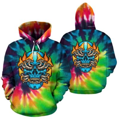 Rave Tie Dye design with mushroom and crazy skull Two Pullover Hoodie
