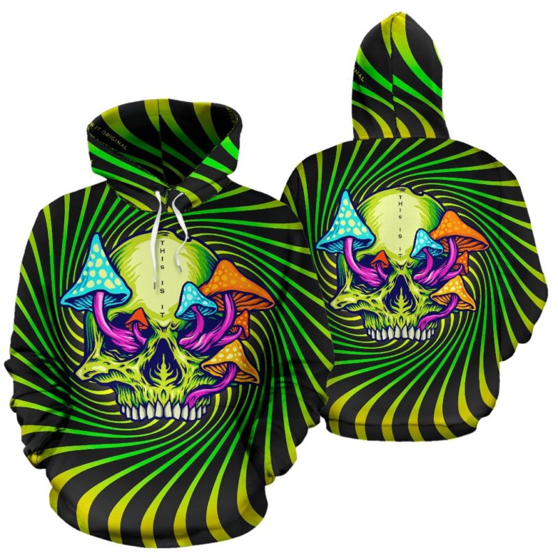 Psychedelic green & yellow design with mushroom and crazy skull two Pullover Hoodie