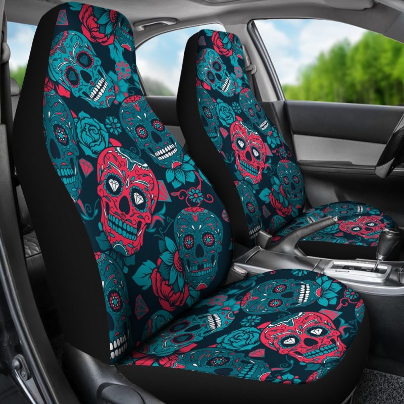 Red & Blue Sugar Skull Car Seat Covers (set of 2)