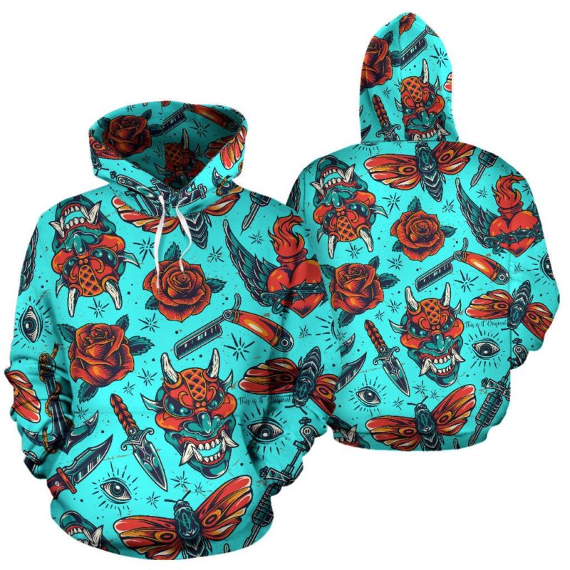 Light Blue Design Tattoo Studio & Roses Pullover Hoodie
