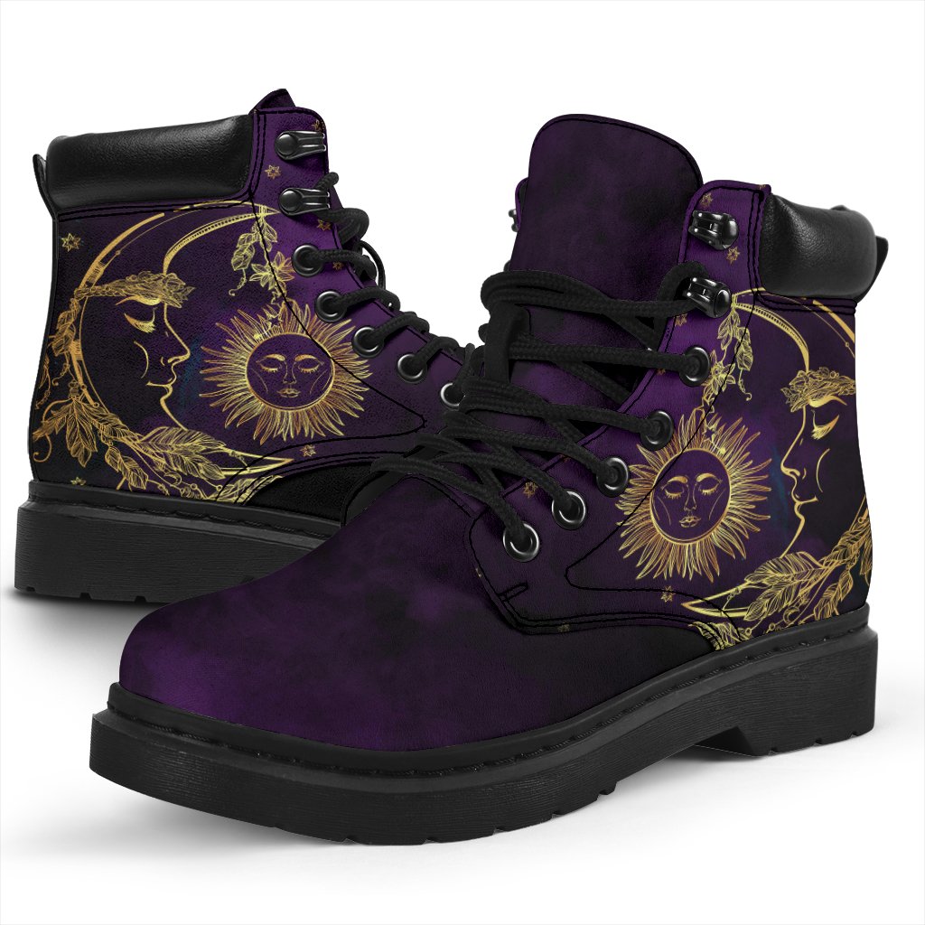 Purple Sun Moon Mandala Womens Boots Vegan Leather 