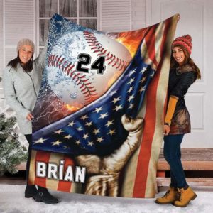 American Flag Baseball Fire Water Thunder Customized Name and Number Fleece Blanket #610h