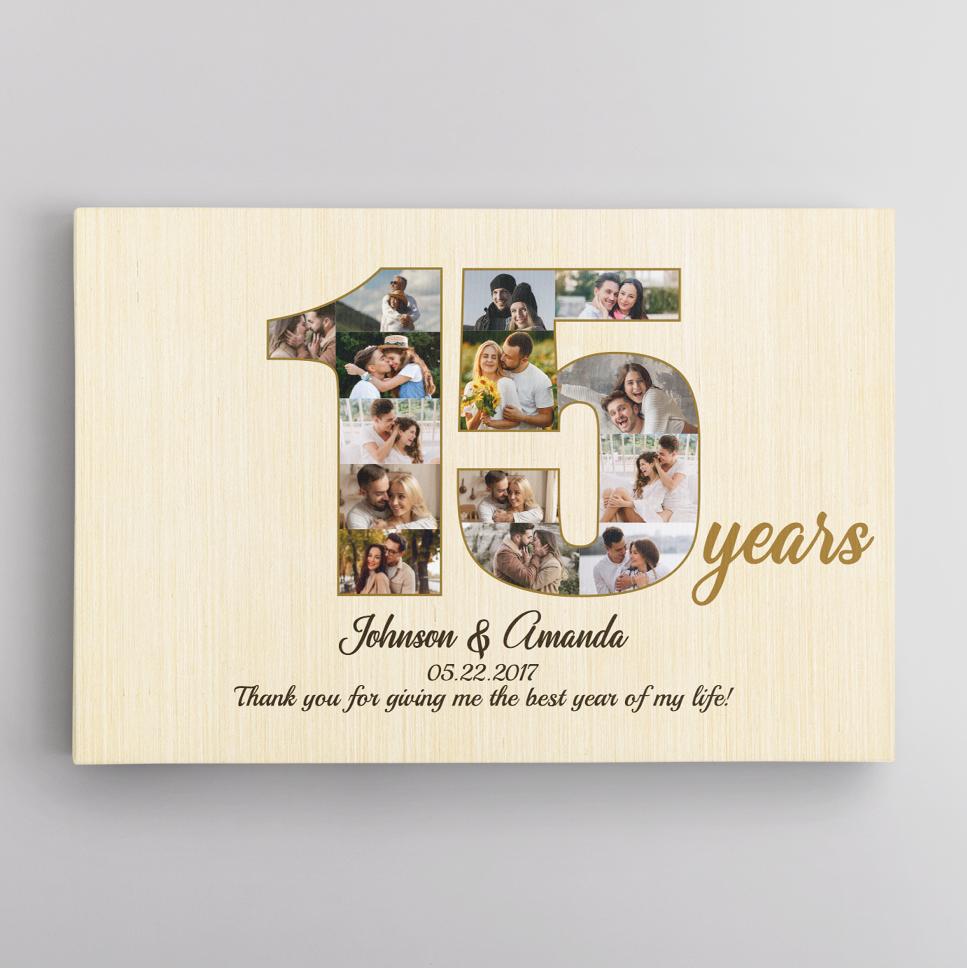 15th Wedding Anniversary Custom Photo Collage Light Wood Background Poster Canvas