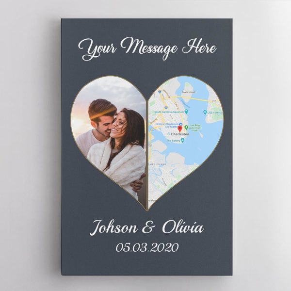 Custom Map Print, Photo And Text, Anniversary Gift Navy Background Poster Canvas