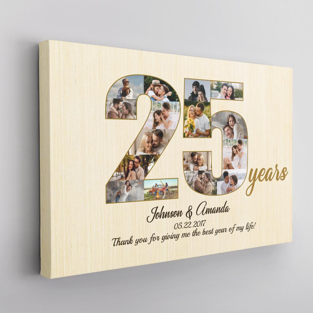 25th Wedding Anniversary Custom Photo Collage Light Wood Background Poster Canvas