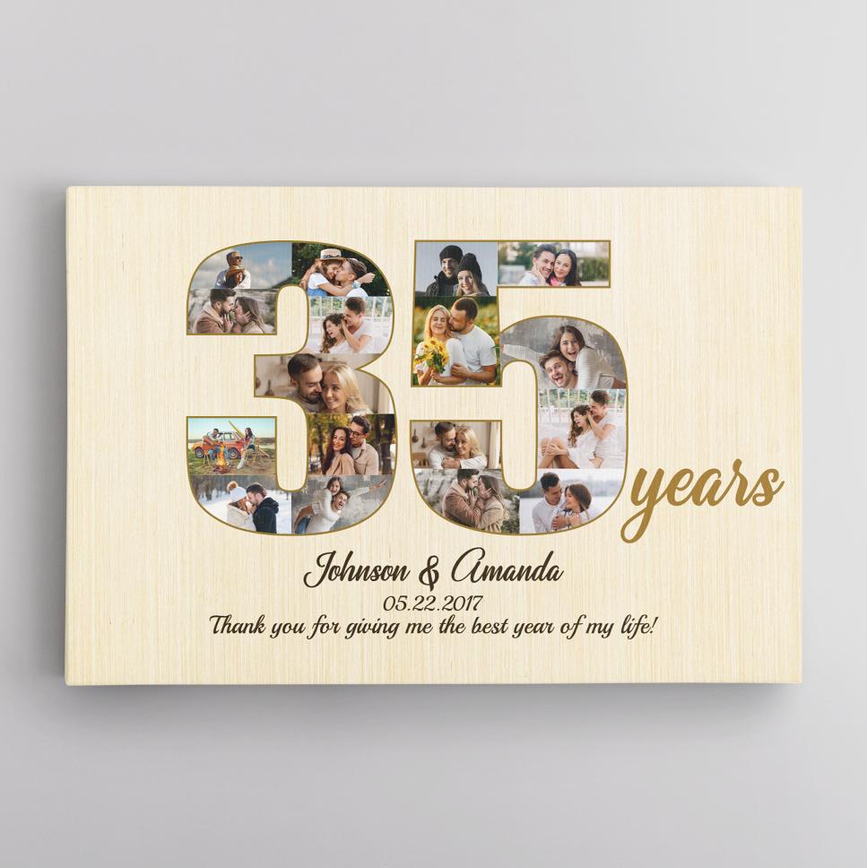 35th Wedding Anniversary Custom Photo Collage Light Wood Background Poster Canvas