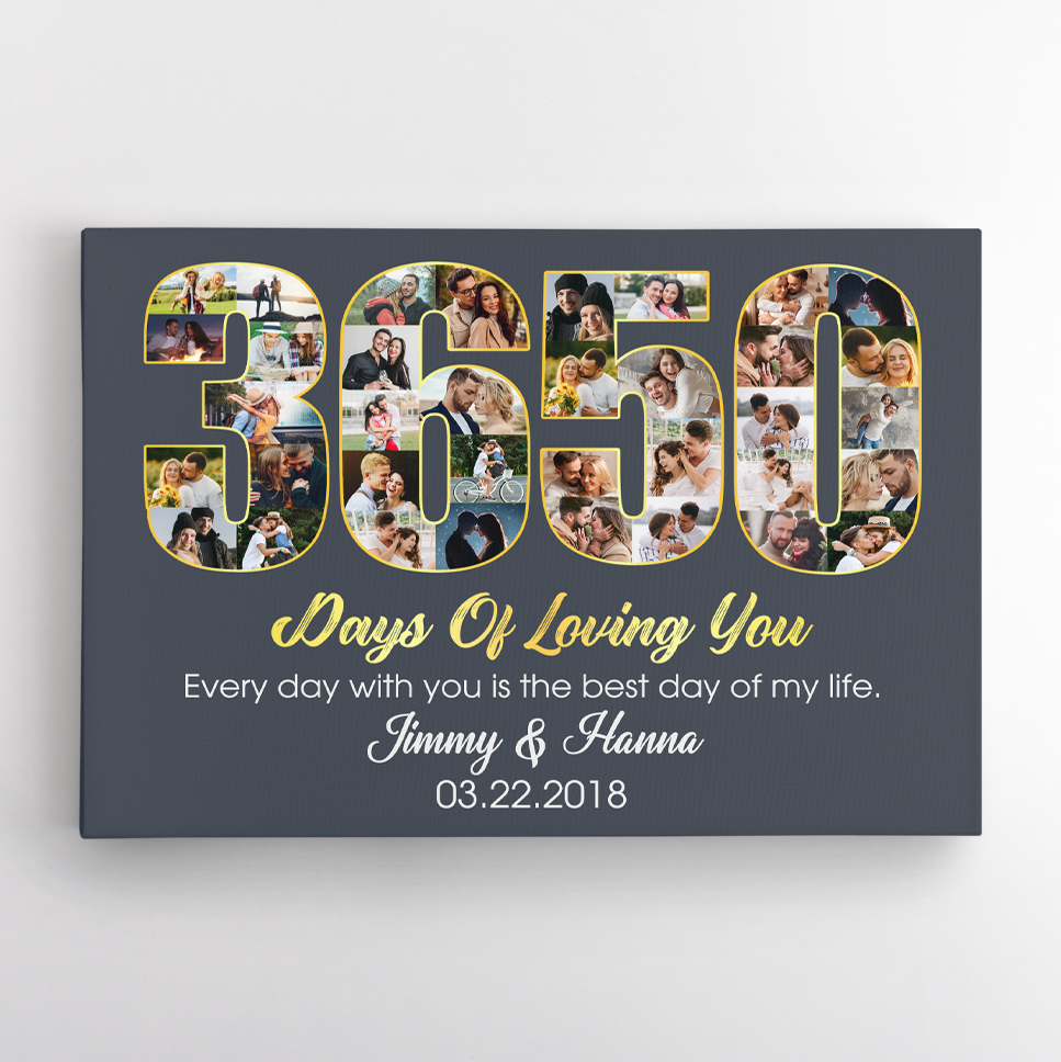 10th Wedding Anniversary 3650 Days Of Loving You Custom Photo Collage And Text Navy Background Poster Canvas