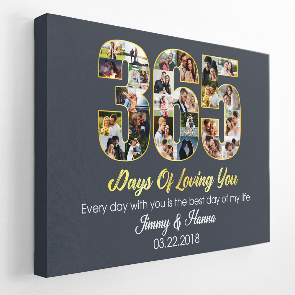 First Wedding Anniversary 365 Days Of Loving You Custom Photo Collage And Text Navy Background Poster Canvas