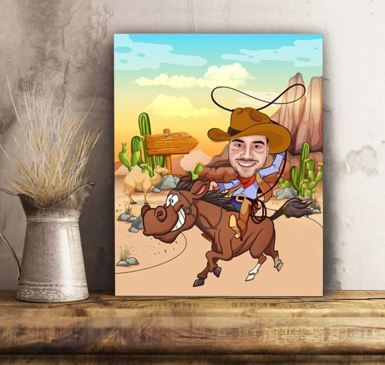 Personalized Matte Canvas - Cowboy personalized caricature family portrait unique funny gifts for couples mothers day his and hers anniversary gifts