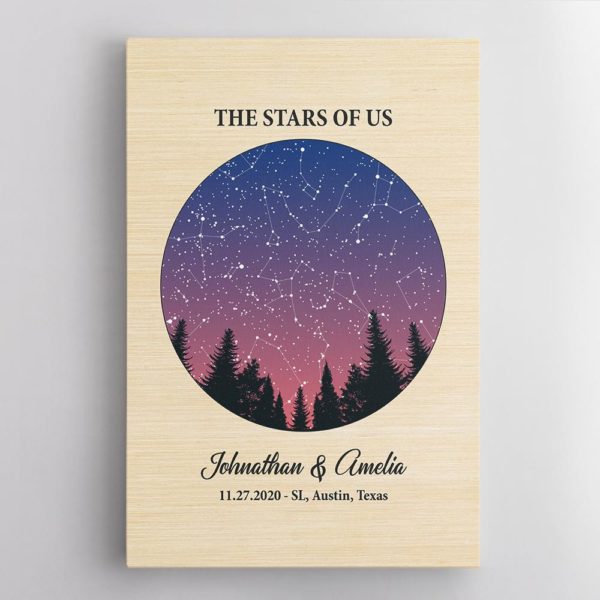 Custom Star Map Couples Wedding, Engagement Gifts Light Wood Background Poster Canvas SM53
