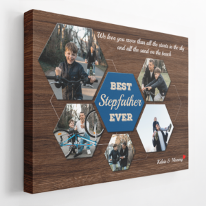 Best Stepfather Ever Custom Photo Collage - Personalized Dark Wood Background Poster Canvas