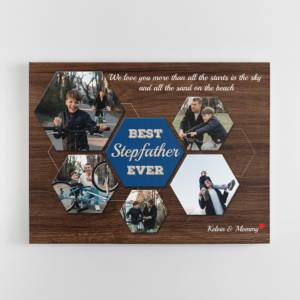 Best Stepfather Ever Custom Photo Collage - Personalized Dark Wood Background Poster Canvas