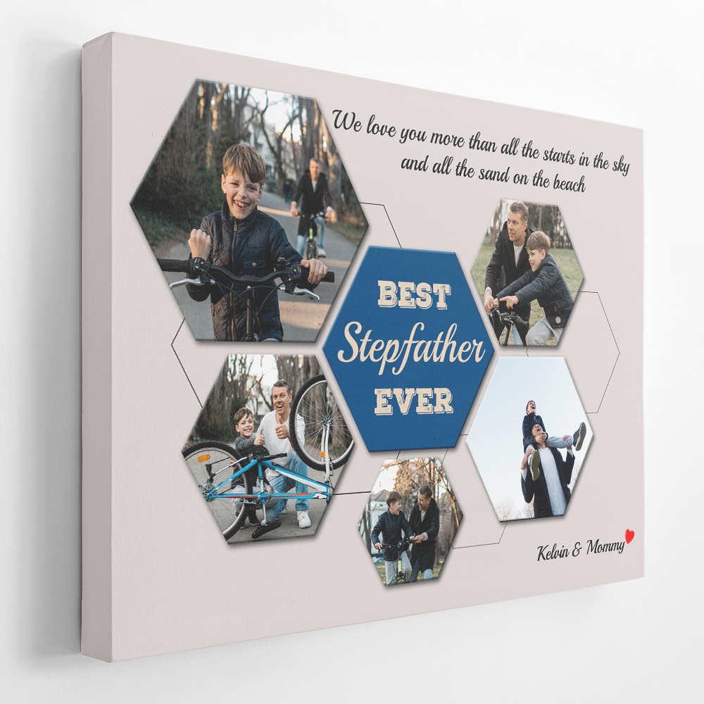 Best Stepfather Ever Custom Photo Collage - Personalized Light Grey Background Poster Canvas