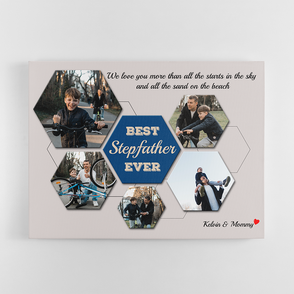 Best Stepfather Ever Custom Photo Collage - Personalized Light Grey Background Poster Canvas