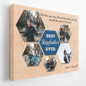 Best Stepfather Ever Custom Photo Collage - Personalized Light Wood Background Poster Canvas