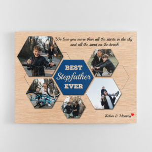 Best Stepfather Ever Custom Photo Collage - Personalized Light Wood Background Poster Canvas