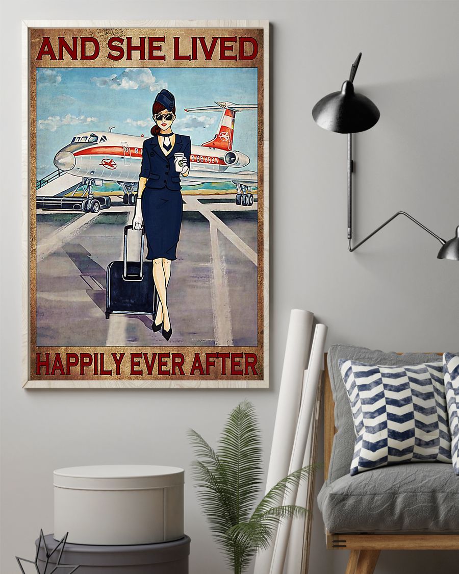 Flight Attendant Poster Canvas And She Lived Happily Ever After Flight Attendant Wall Art Gifts