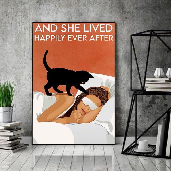 Poster Canvas Gift for Cat Lovers Girl And Black Cat, And She Lived Happily Ever After Birthday Gift