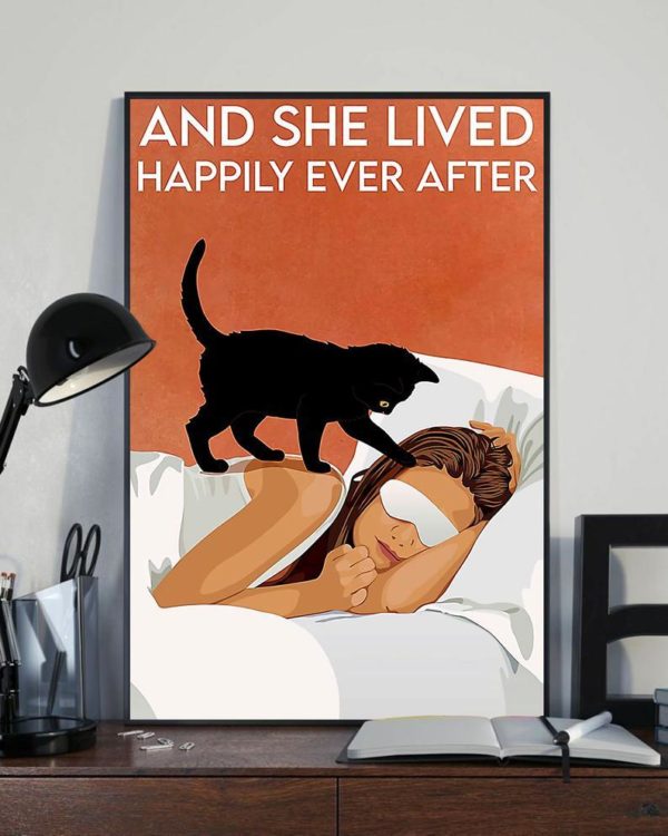 Poster Canvas Gift for Cat Lovers Girl And Black Cat, And She Lived Happily Ever After Birthday Gift
