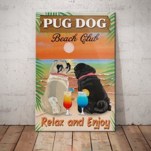 Poster Canvas Gift For Loves Dog Matte Couple Pug Dog Beach Club Gifts