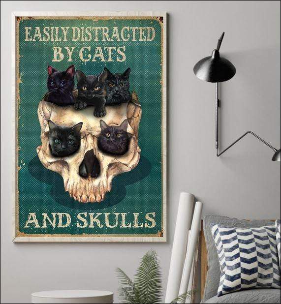 Halloween Black Cat & Skull- Easily distracted by cats and skulls Christmas gift family canvas print #V