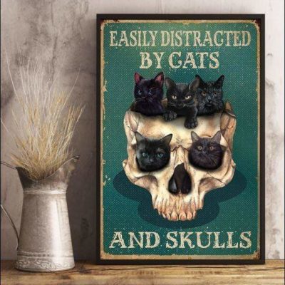 Halloween Black Cat & Skull- Easily distracted by cats and skulls Christmas gift family canvas print #V