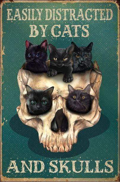 Halloween Black Cat & Skull- Easily distracted by cats and skulls Christmas gift family canvas print #V