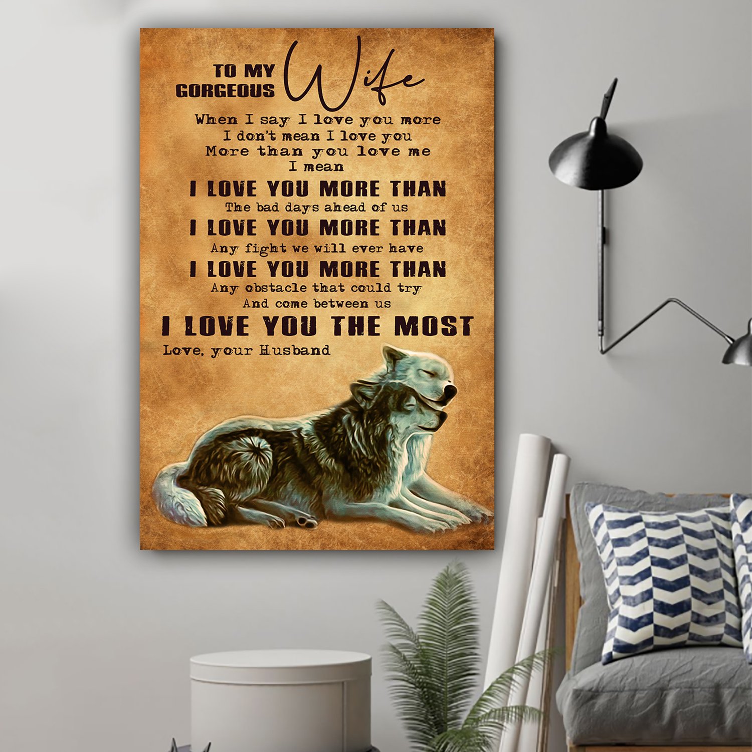 (LL41) Wolf Poster Canvas - Husband to wife - I love you more than