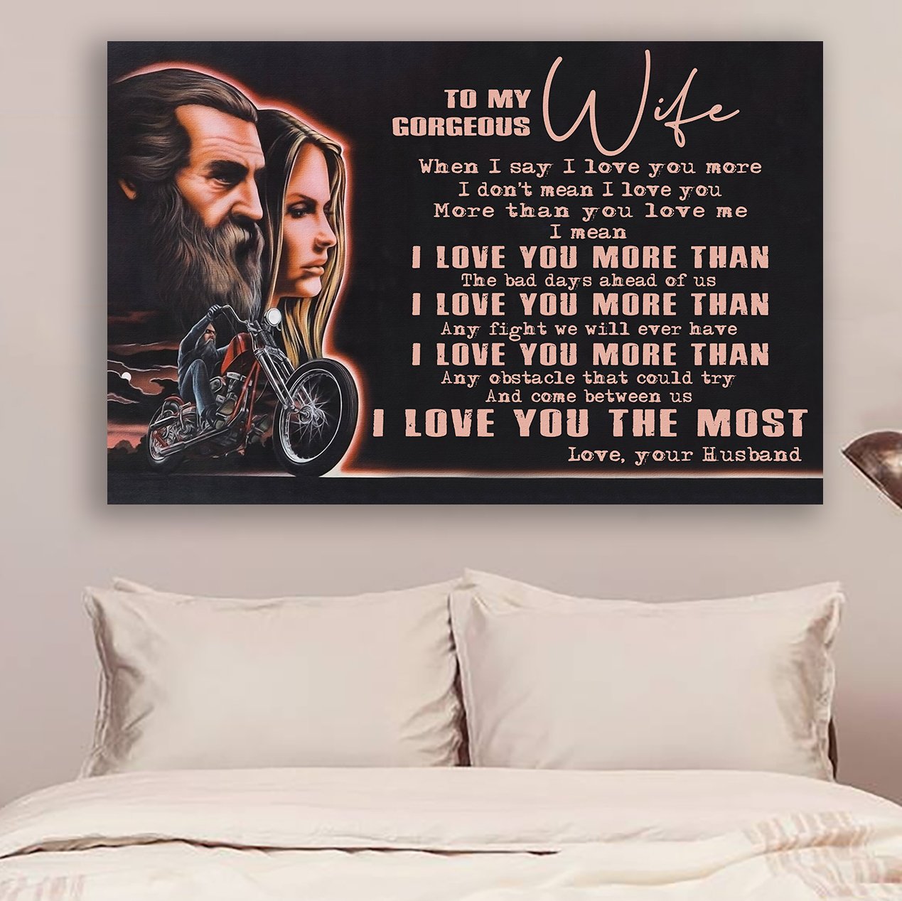 (LL55) Biker Poster Canvas - Husband to wife - I love you more than