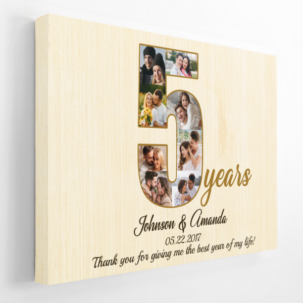 5th Wedding Anniversary Custom Photo Collage Light Wood Background Poster Canvas