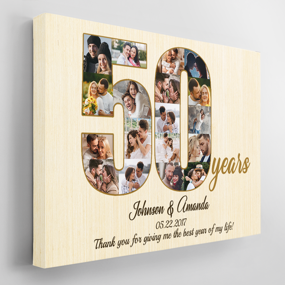 50th Wedding Anniversary Custom Photo Collage Light Wood Background Poster Canvas