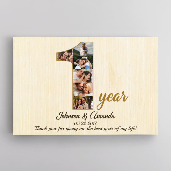 1st Wedding Anniversary Custom Photo Collage And Text Light Wood Background Poster Canvas