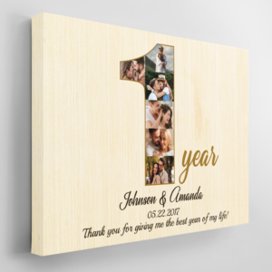1st Wedding Anniversary Custom Photo Collage And Text Light Wood Background Poster Canvas