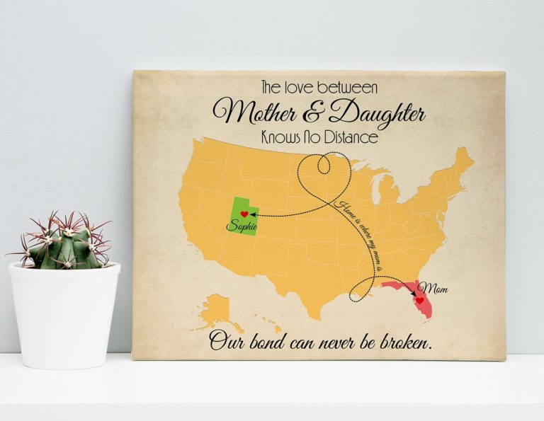 Custom personalized canvas prints wall art Mother's day gifts idea, Christmas, birthday presents for mom from daughter - Love Between Mother And Daughter US Map