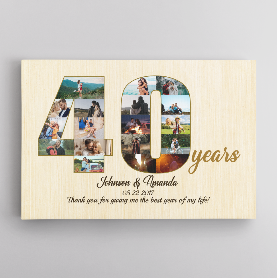 40th Wedding Anniversary Custom Photo Collage Light Wood Background Poster Canvas