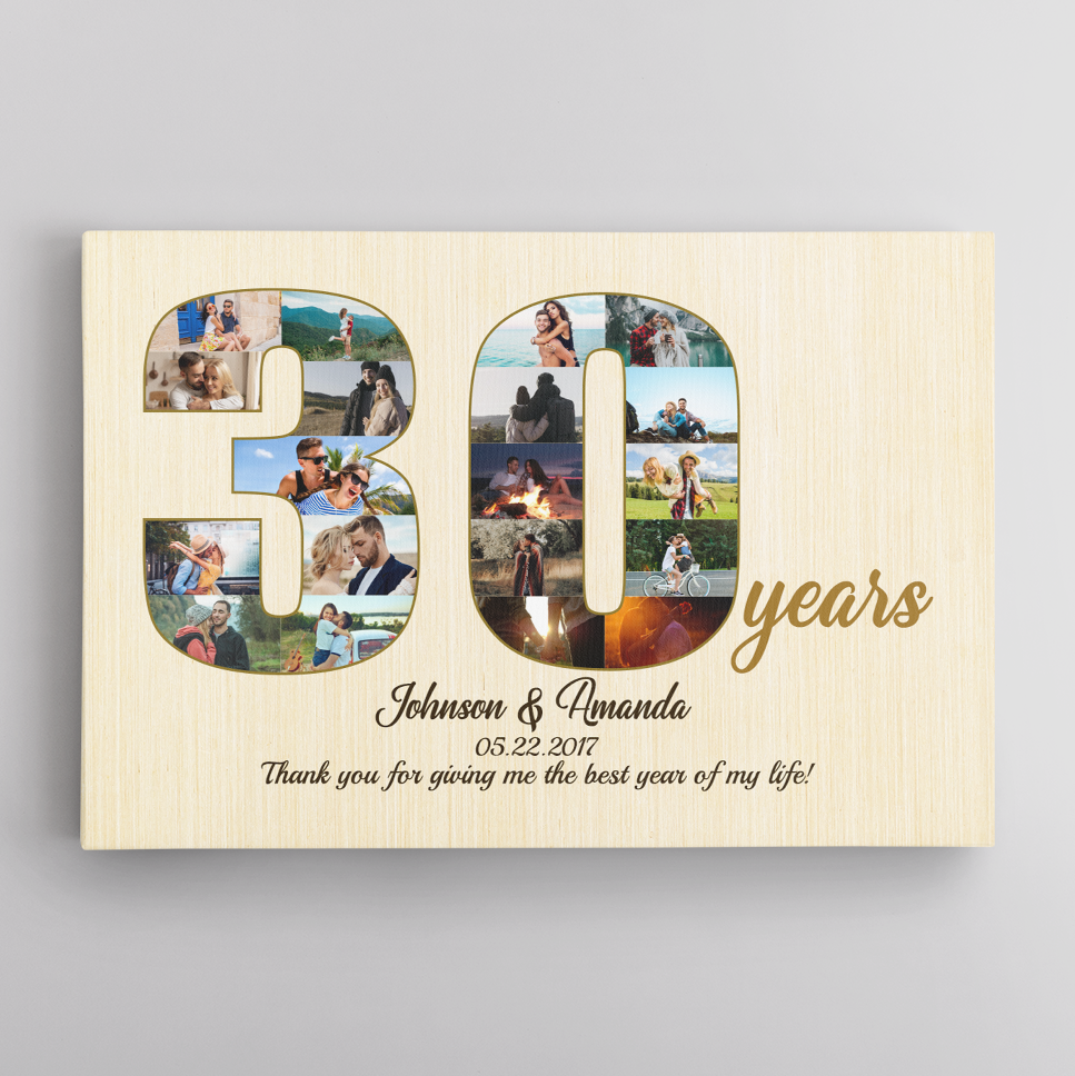 30th Wedding Anniversary Custom Photo Collage Light Wood Background Poster Canvas