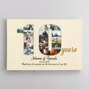 10th Wedding Anniversary Custom Photo Collage Light Wood Background Poster Canvas