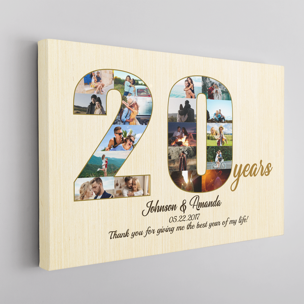 20th Wedding Anniversary Custom Photo Collage Light Wood Background Poster Canvas