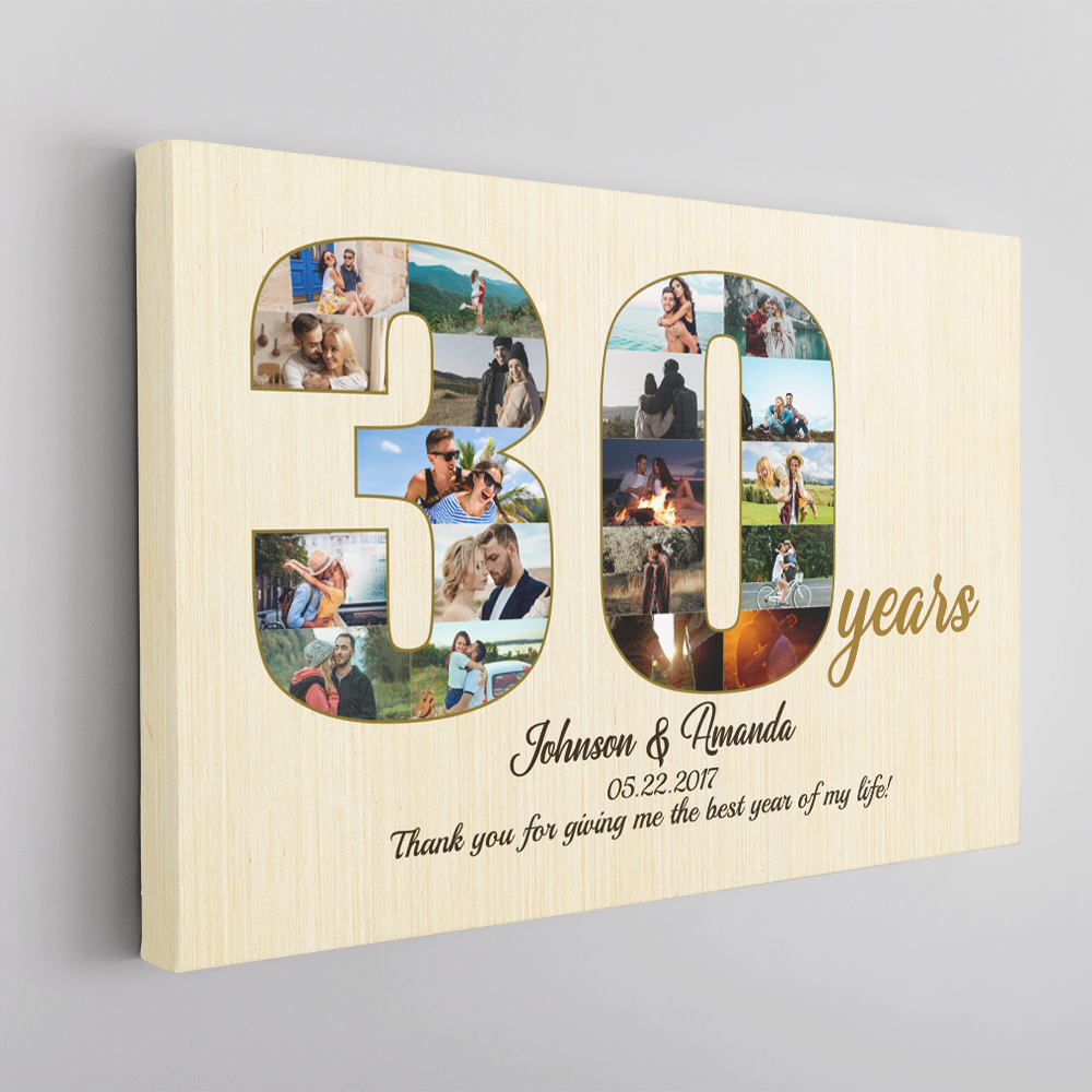 30th Wedding Anniversary Custom Photo Collage Light Wood Background Poster Canvas
