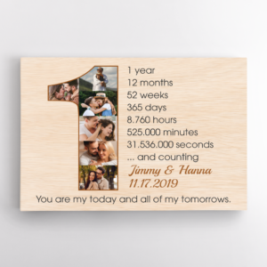 Custom First Wedding Anniversary Photo Collage Light Wood Background Poster Canvas