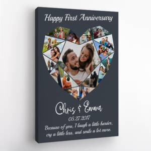 Happy First Anniversary Heart Photo Collage Navy Vintage Background Poster Canvas