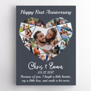 Happy First Anniversary Heart Photo Collage Navy Vintage Background Poster Canvas