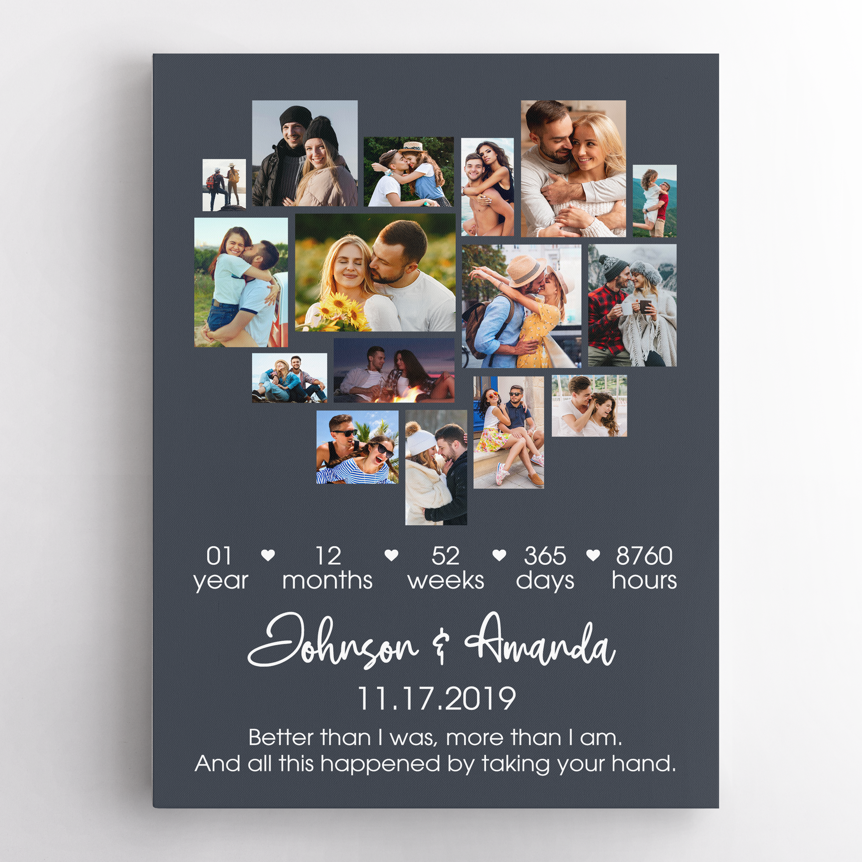 Custom First Anniversary Heart Photo Collage Navy Vintage Background Poster Canvas