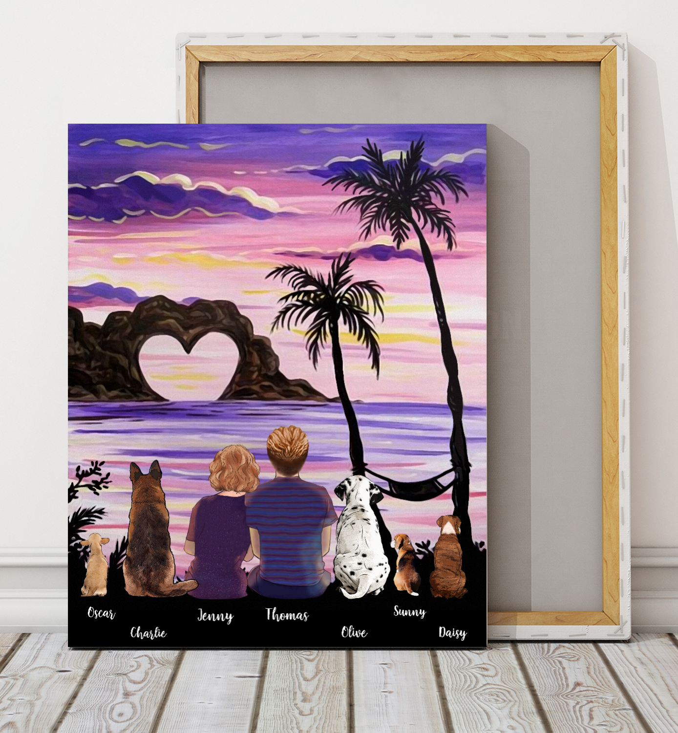 Custom personalized dog & owners canvas Pet remembrance print gift idea for the whole family - Beach Love With Dogs Valentines day gifts for him her couple boyfriend girlfriend