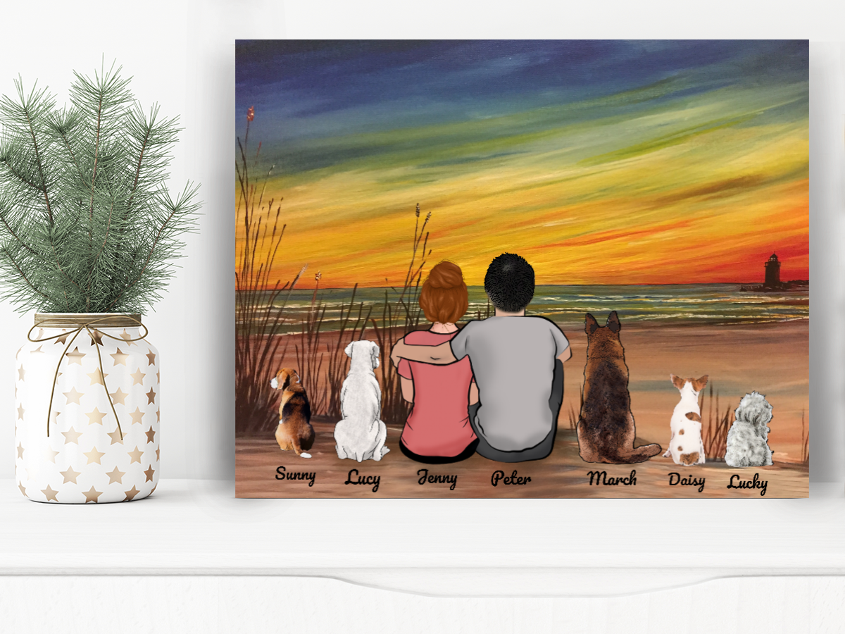Custom personalized dog & owners couple canvas Pet remembrance print gift idea for the whole family - Beach Sunset Valentines day gifts for him her couple boyfriend girlfriend